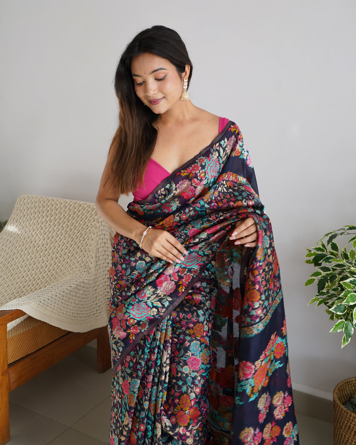 Kashmiri pashmina cotton kachhi work multi thrade saree mameraa