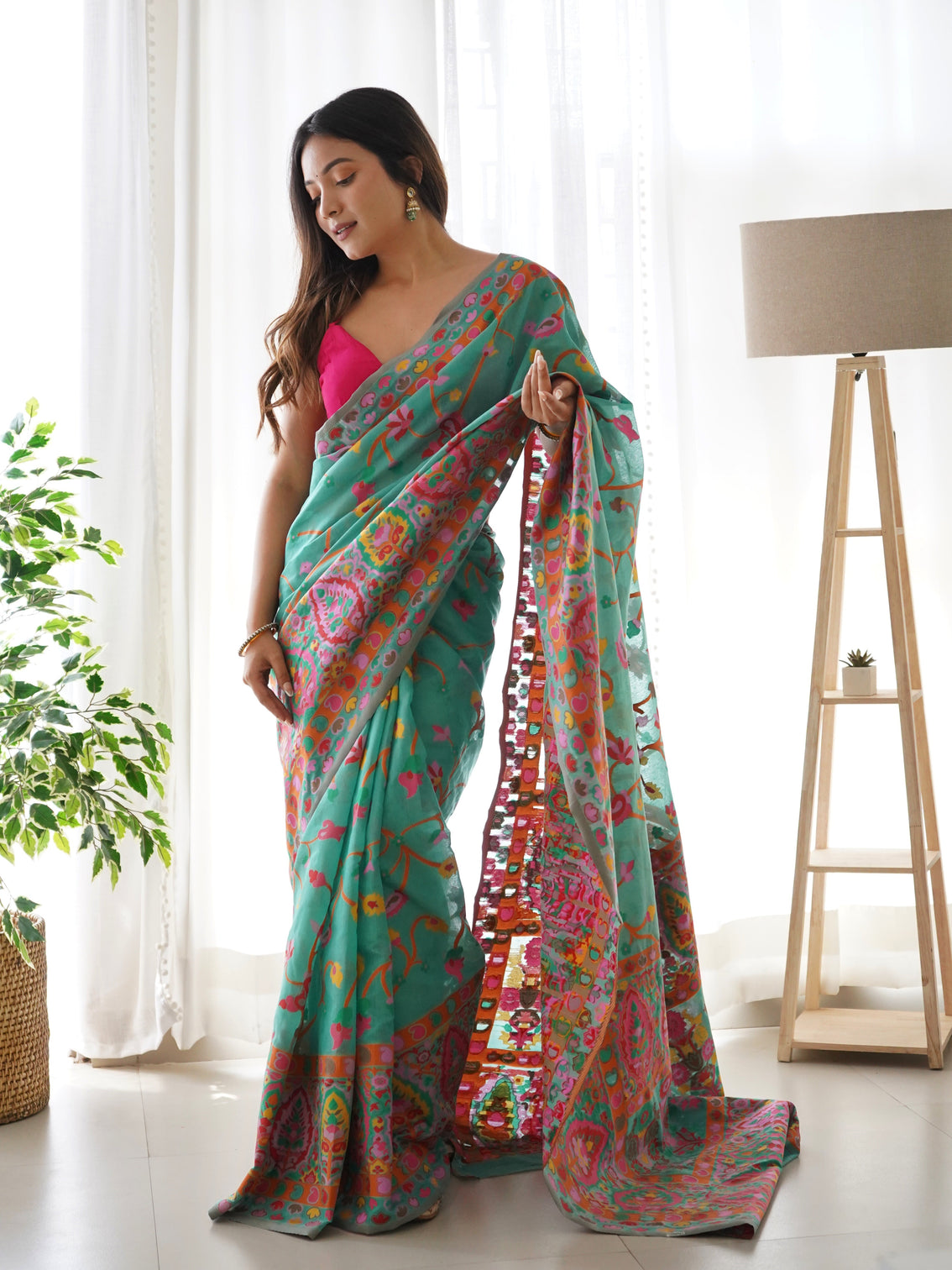 Kashmiri pashmina cotton kachhi work multi thrade saree