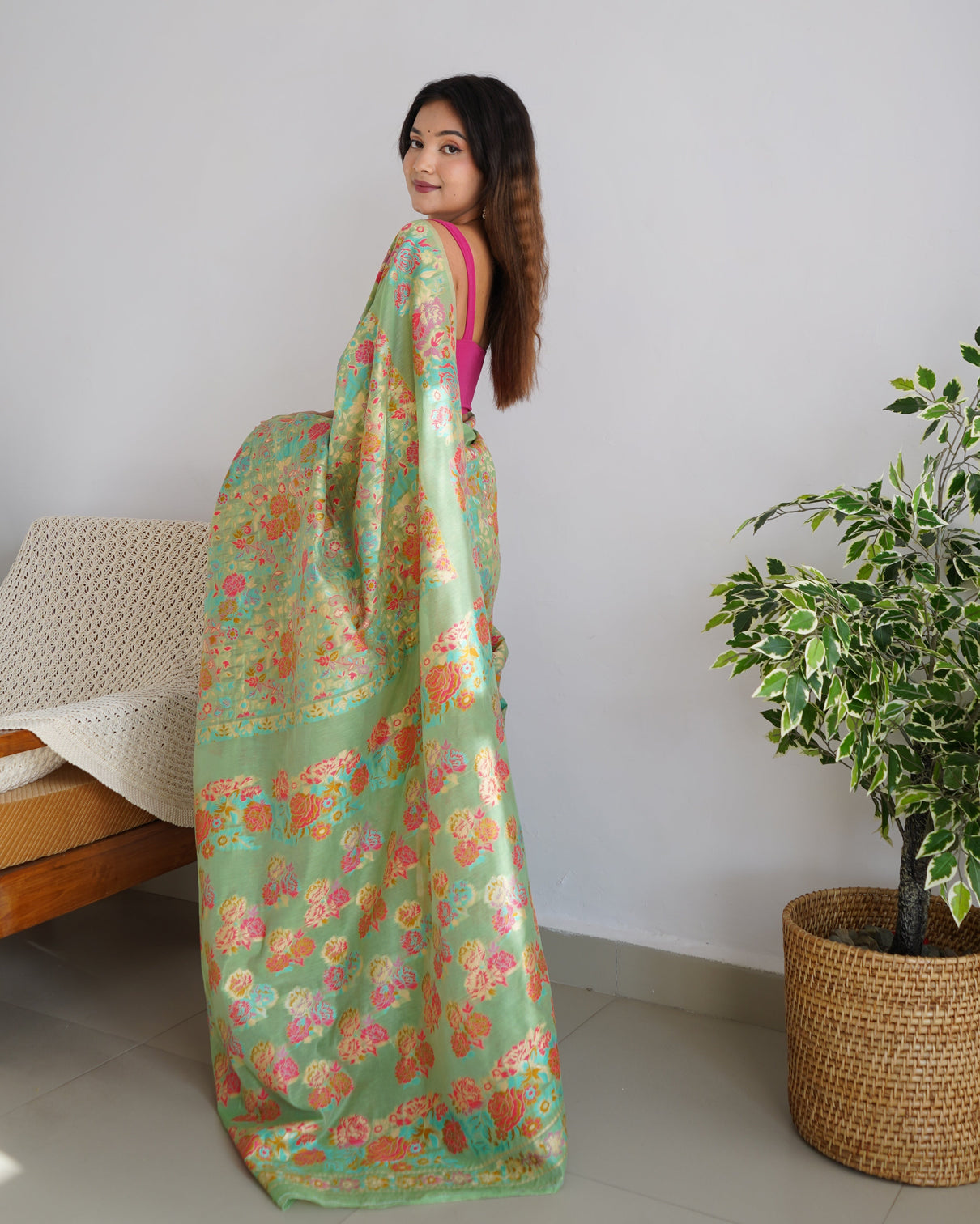 Kashmiri pashmina cotton kachhi work multi thrade saree