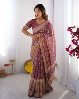 Plum Handloom Cotton Saree with Floral Print, Mythical Border & Tassels