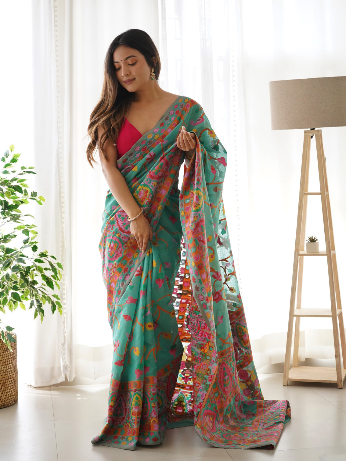 Kashmiri pashmina cotton kachhi work multi thrade saree