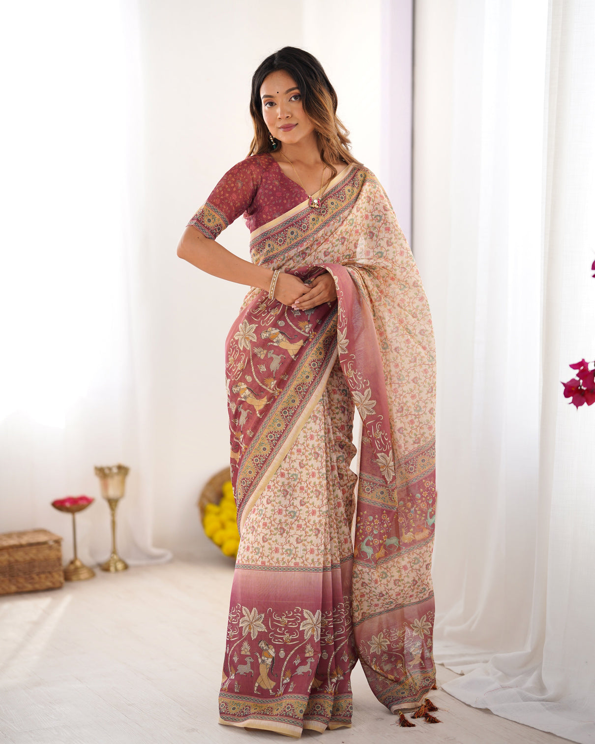 Beige mauve handloom cotton saree with floral jaal peacock motifs storytelling pallu mameraa