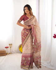 Beige mauve handloom cotton saree with floral jaal peacock motifs storytelling pallu mameraa