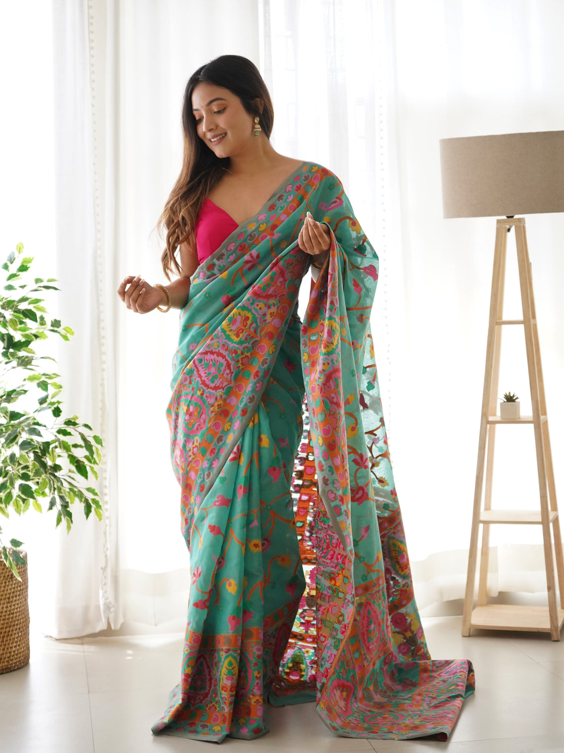 Kashmiri pashmina cotton kachhi work multi thrade saree