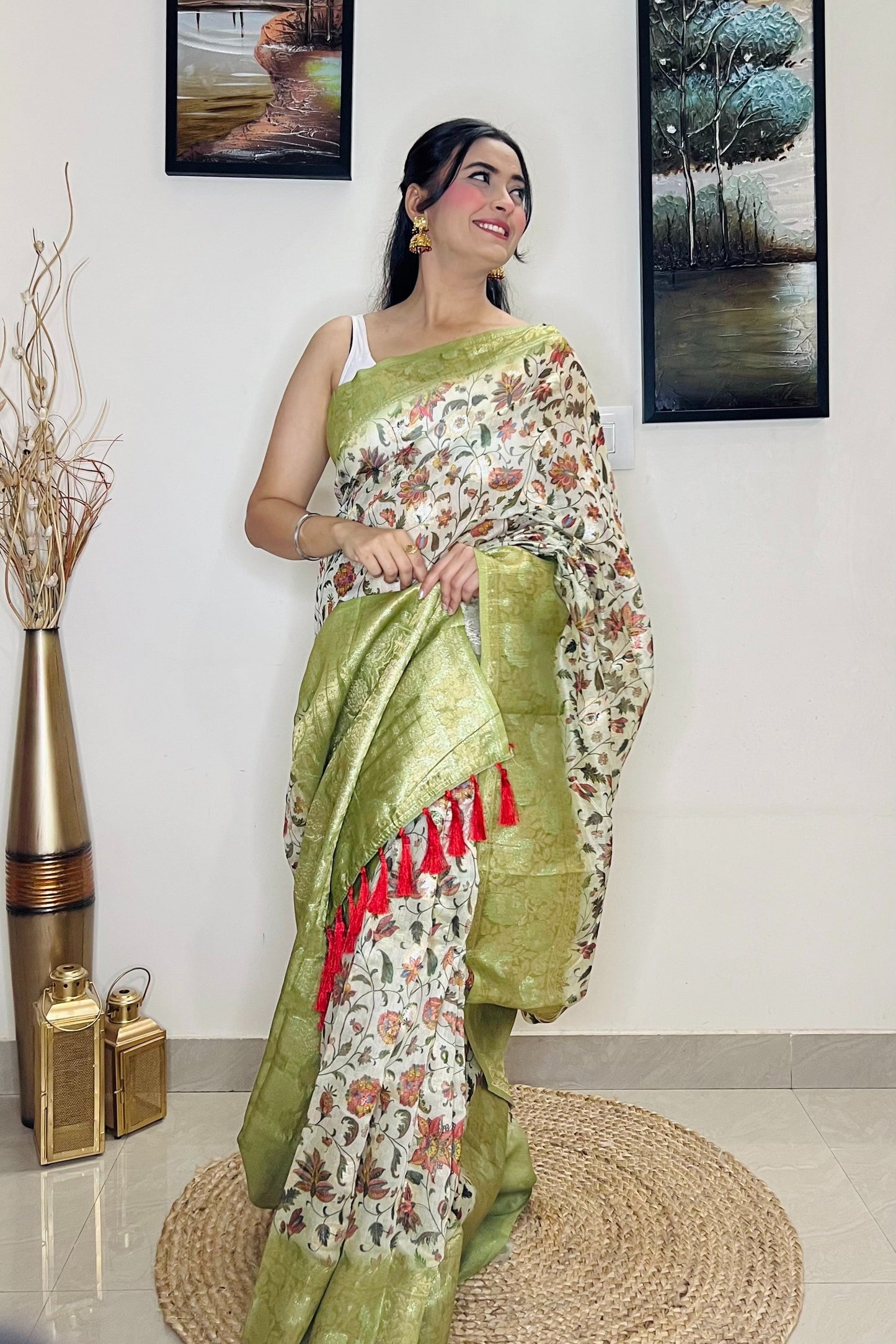 Pastel Green Saree in Banarasi Silk Floral Print
