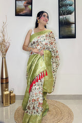 Pastel Green Saree in Banarasi Silk Floral Print