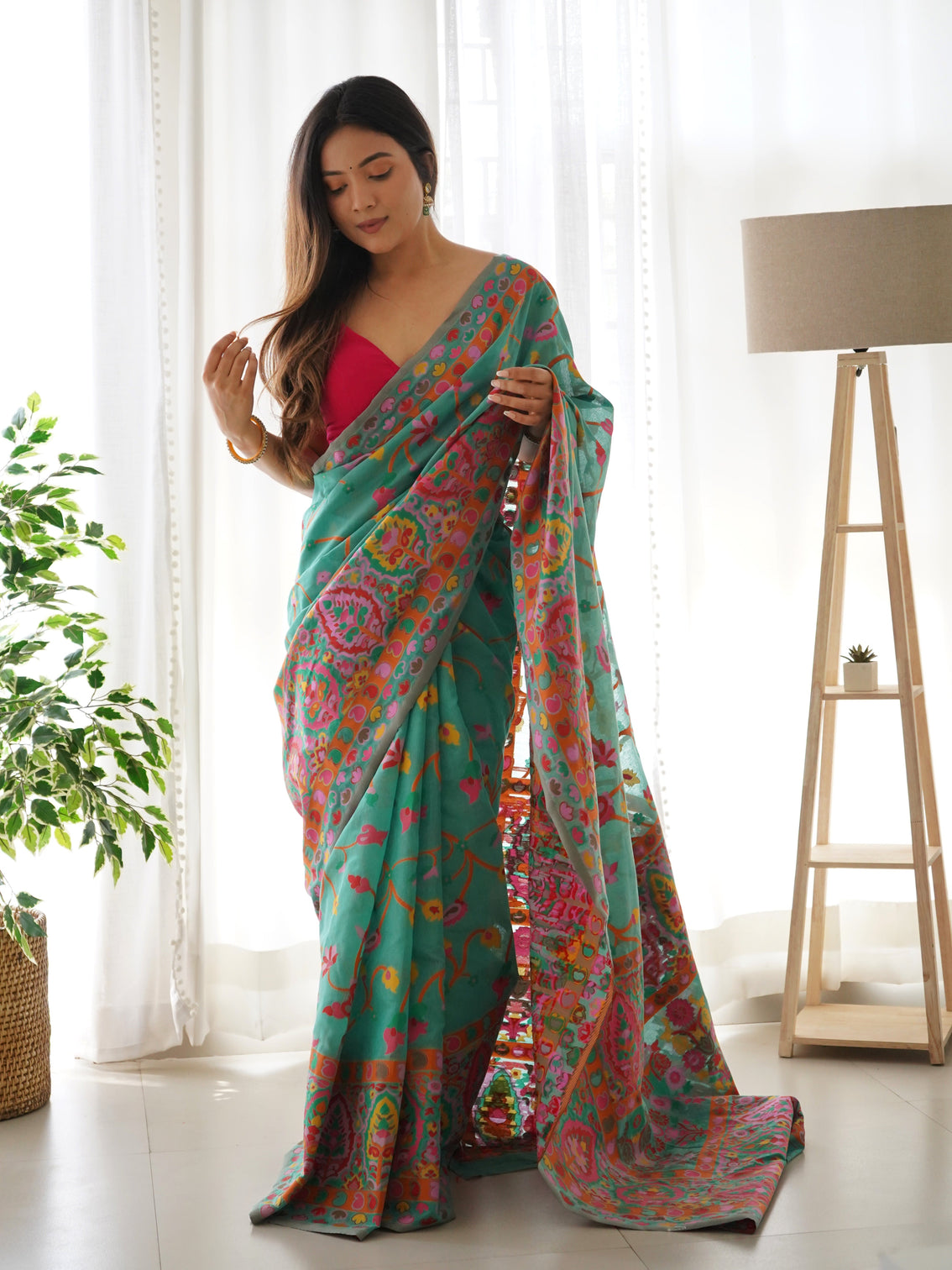 Kashmiri pashmina cotton kachhi work multi thrade saree