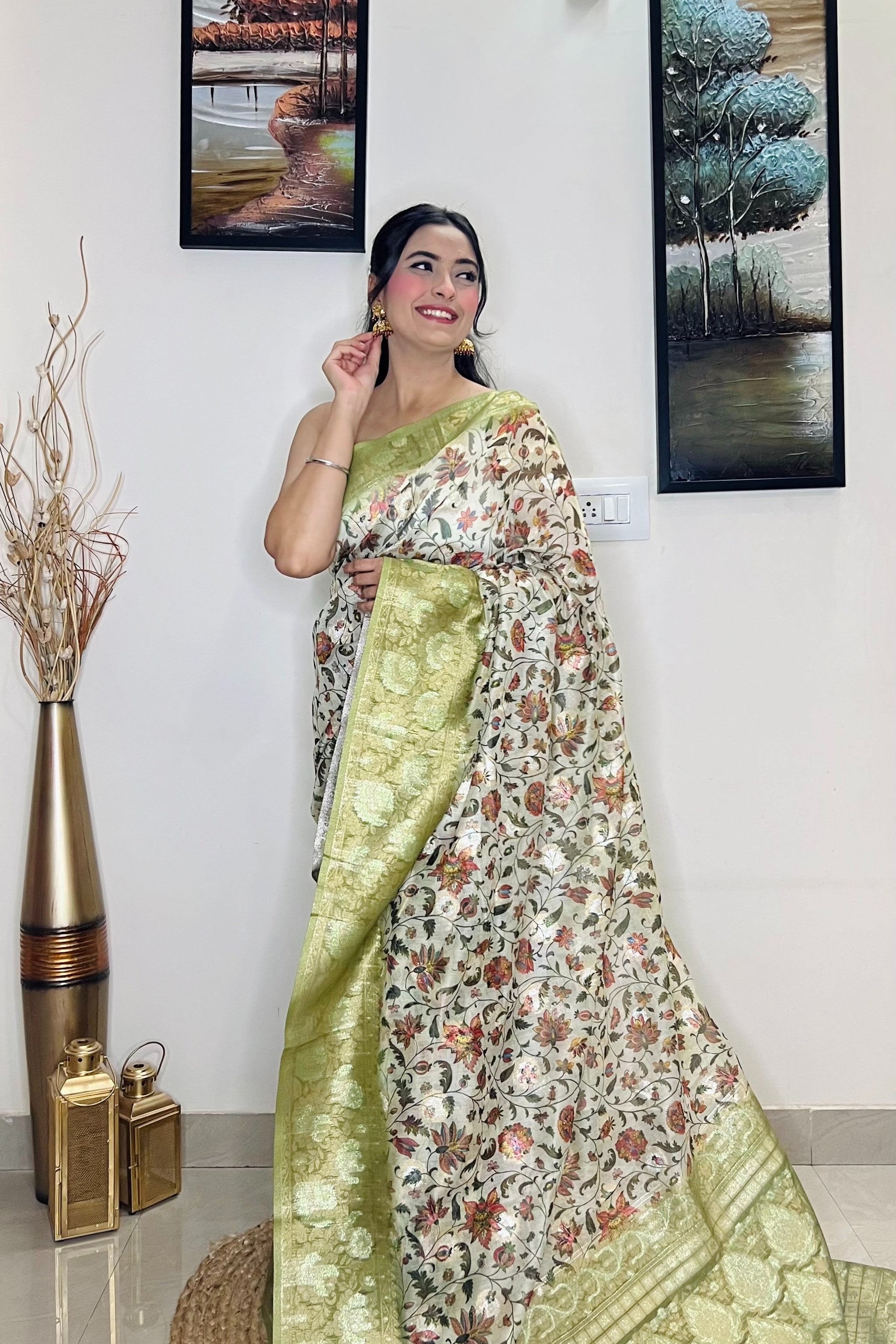 Pastel Green Saree in Banarasi Silk Floral Print