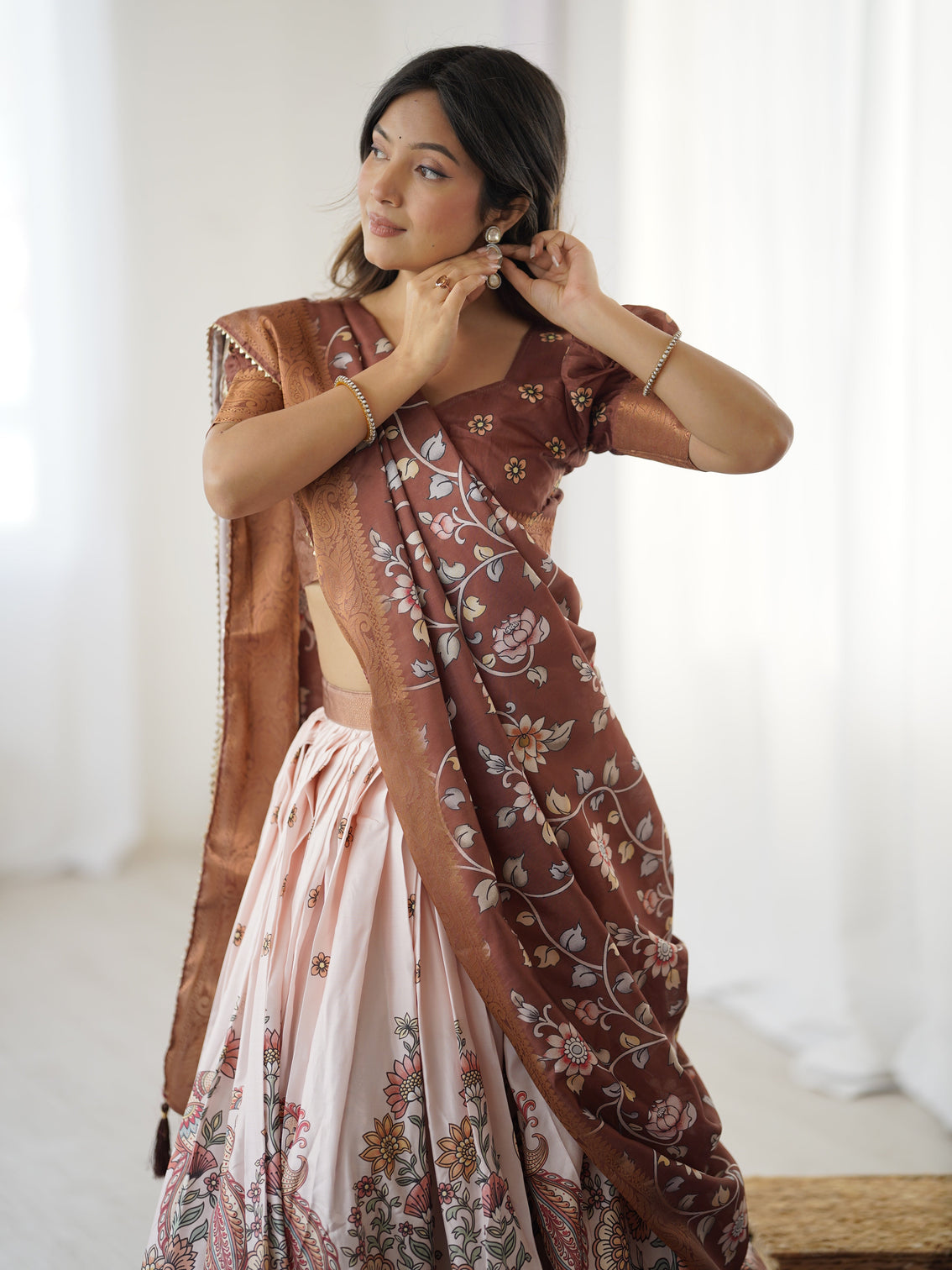 Peach copper brown kalamkari lehenga with elegant floral dupatta