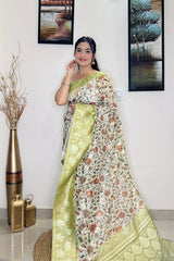 Pastel Green Saree in Banarasi Silk Floral Print