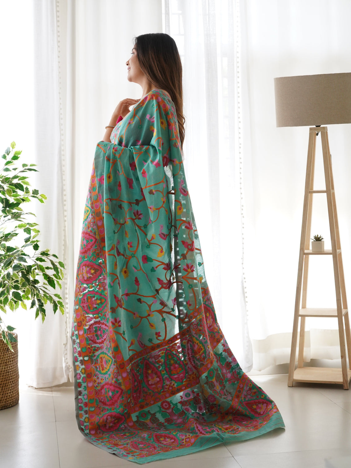 Kashmiri pashmina cotton kachhi work multi thrade saree mameraa