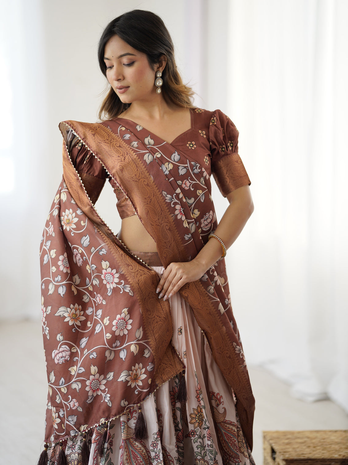 Peach copper brown kalamkari lehenga with elegant floral dupatta