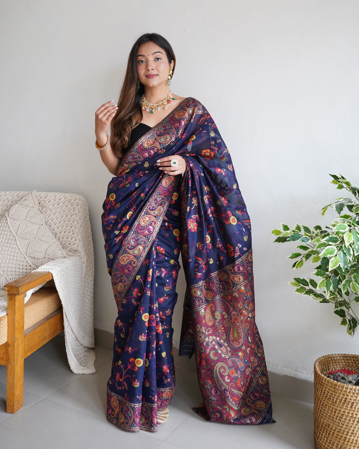 Kashmiri pashmina cotton kachhi work multi thrade saree