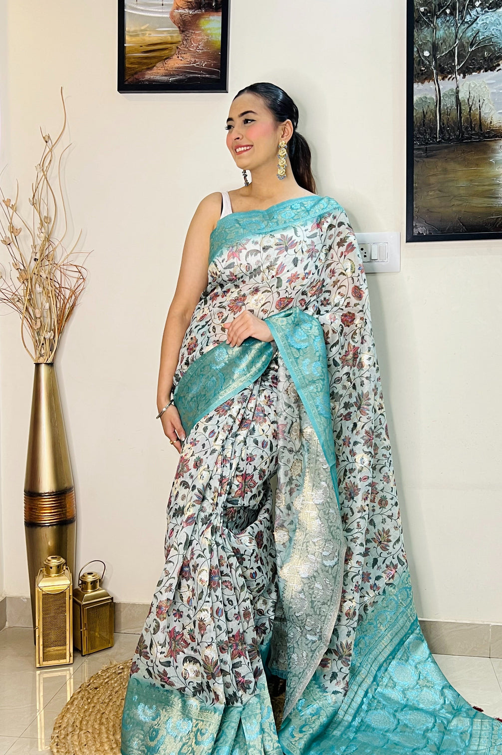Powder Blue Saree in Banarasi Silk Floral Print