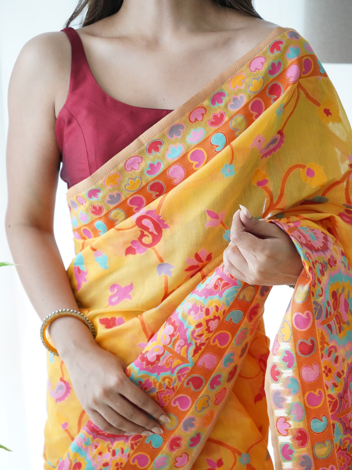 Kashmiri pashmina cotton kachhi work multi thrade saree