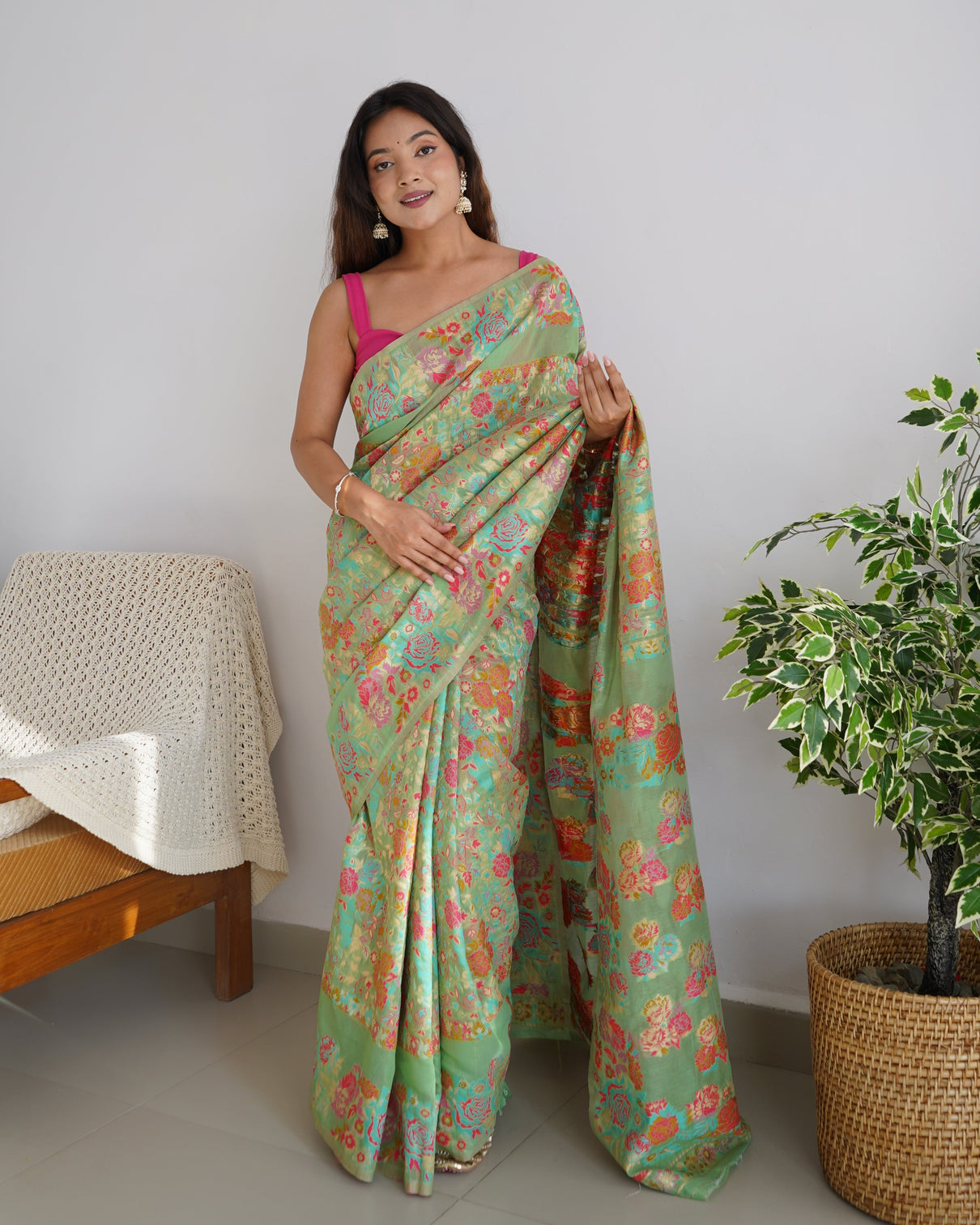 Kashmiri pashmina cotton kachhi work multi thrade saree