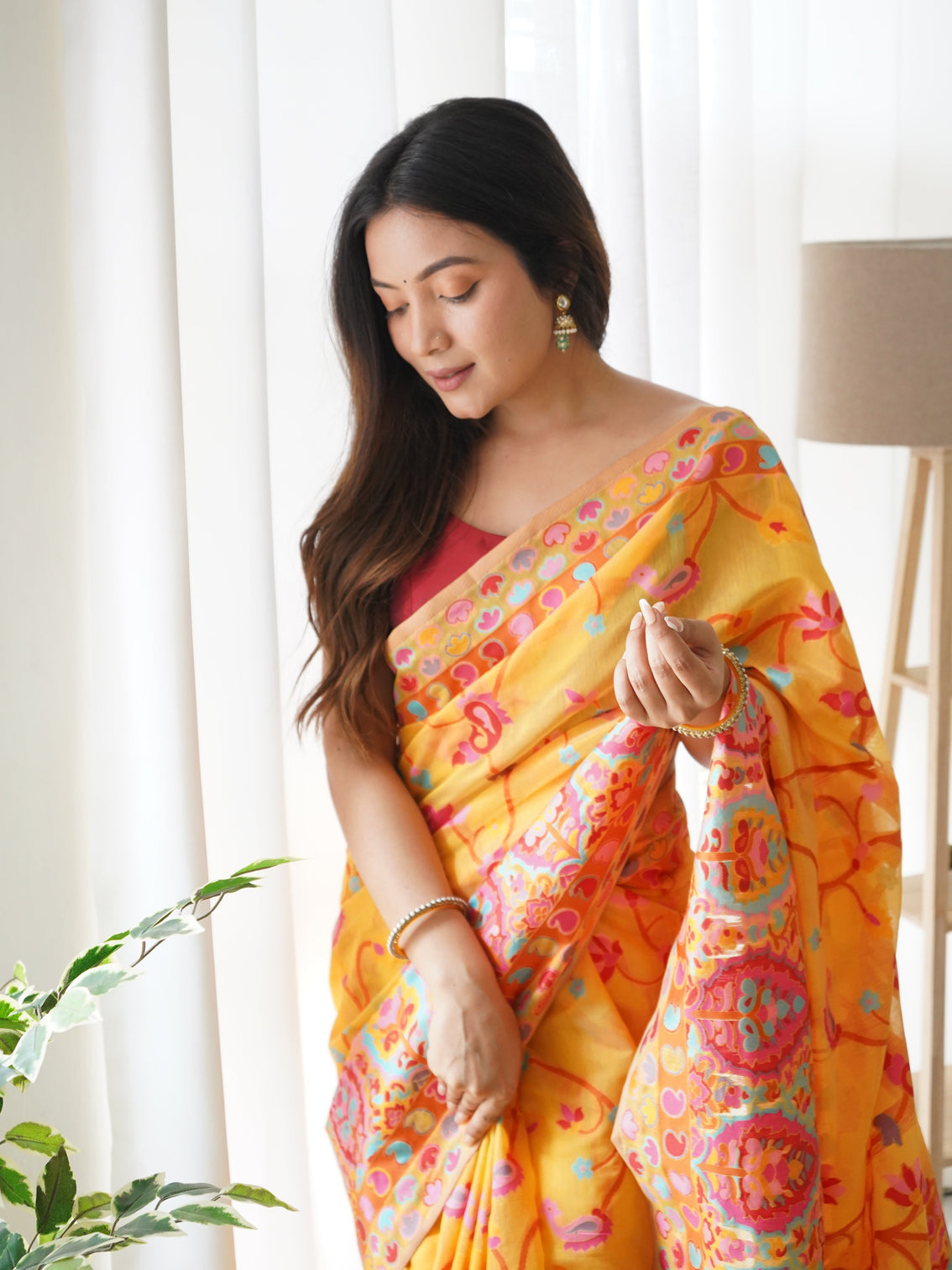 Kashmiri pashmina cotton kachhi work multi thrade saree