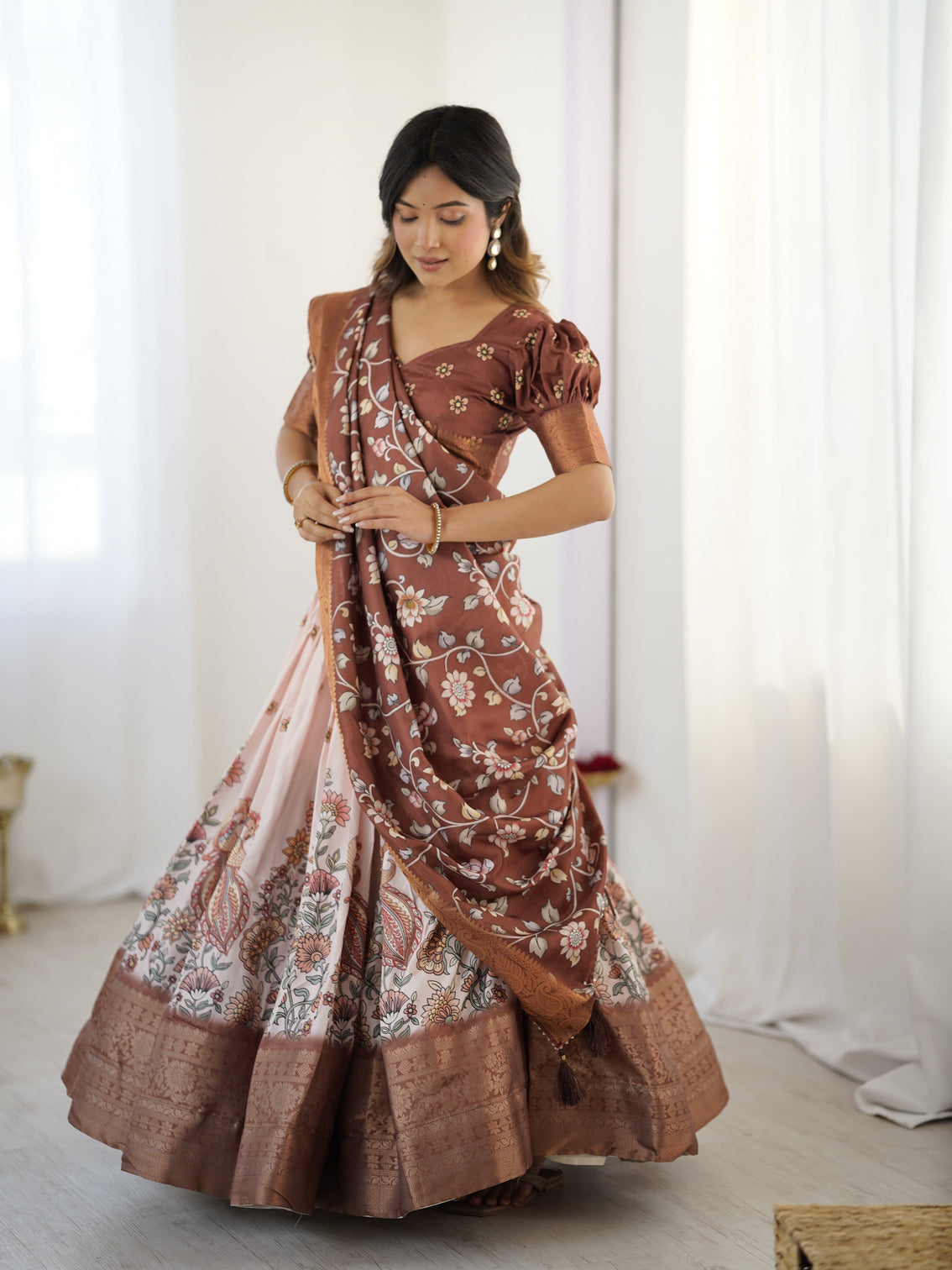 Peach copper brown kalamkari lehenga with elegant floral dupatta
