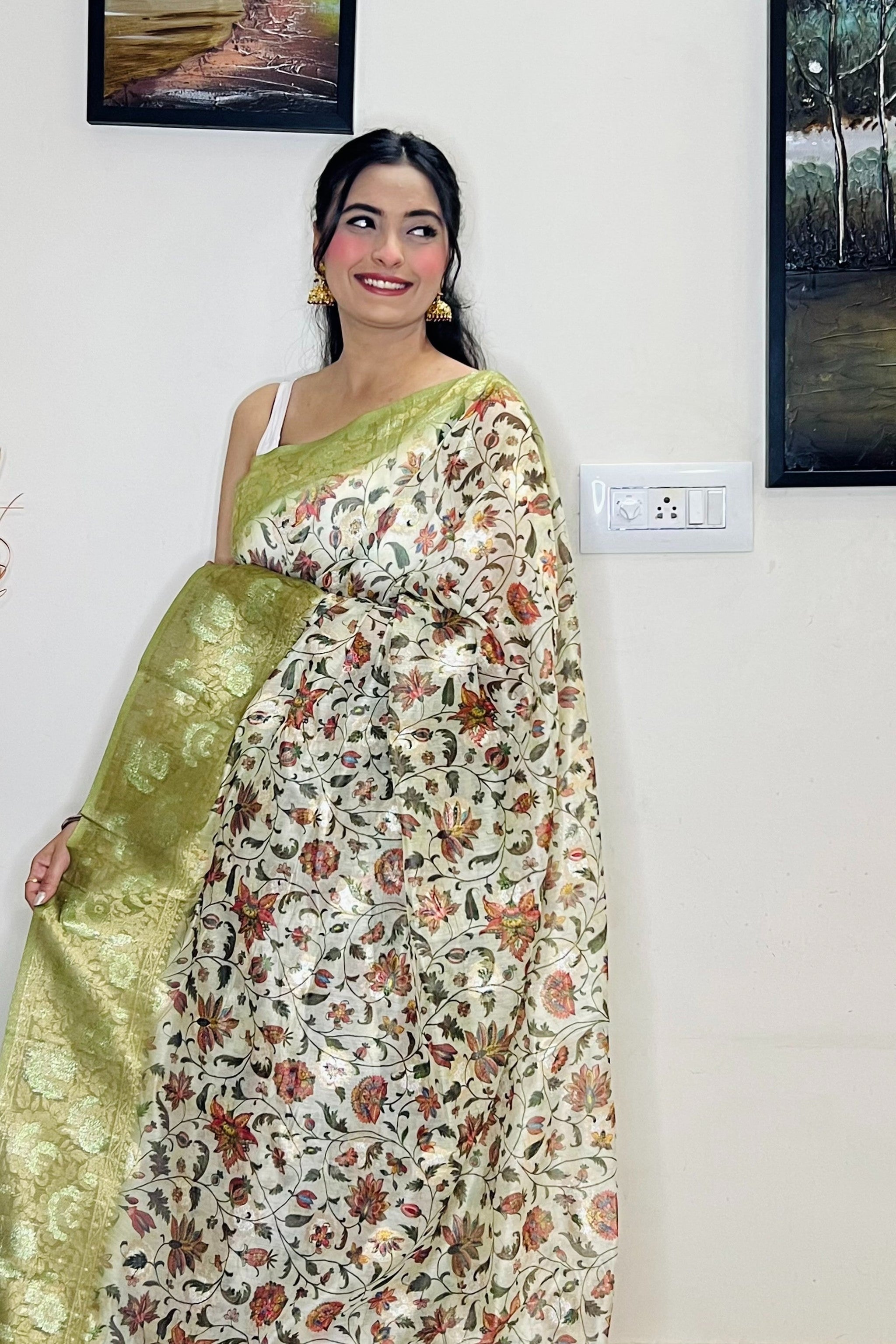 Pastel Green Saree in Banarasi Silk Floral Print