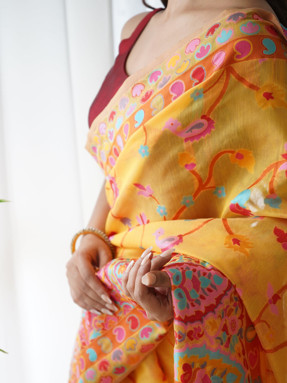 Kashmiri pashmina cotton kachhi work multi thrade saree