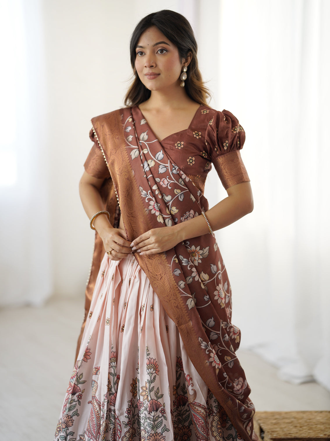 Peach copper brown kalamkari lehenga with elegant floral dupatta
