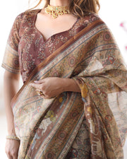 Beige brown handloom cotton saree with mythical kalamkari pallu and elephant motifs