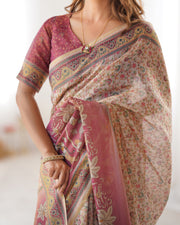 Beige mauve handloom cotton saree with floral jaal peacock motifs storytelling pallu