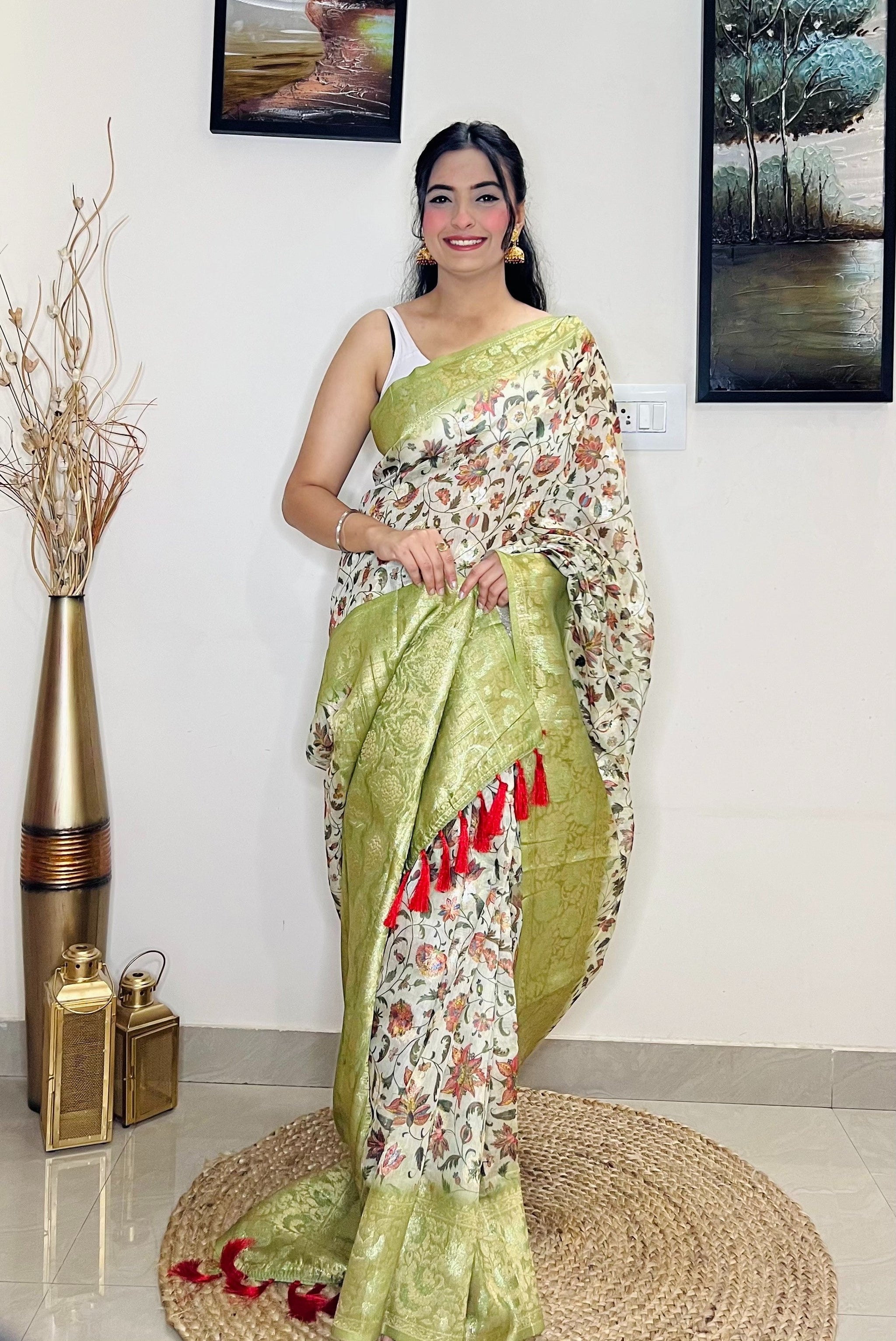 Pastel Green Saree in Banarasi Silk Floral Print