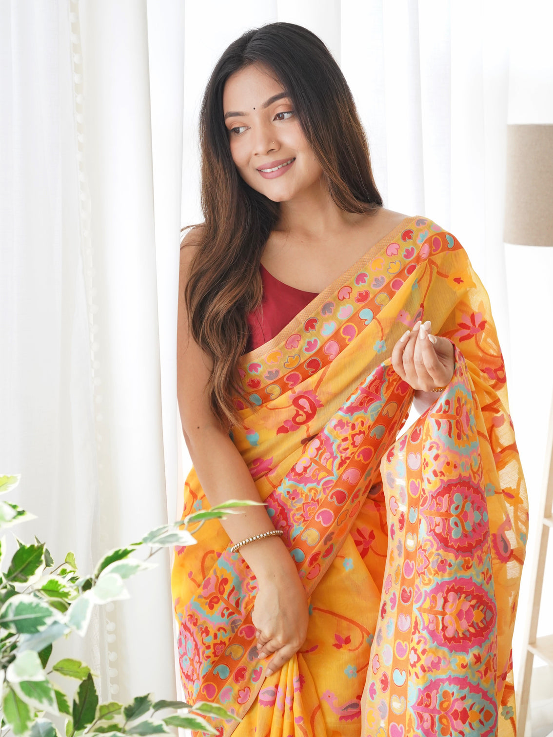 Kashmiri pashmina cotton kachhi work multi thrade saree
