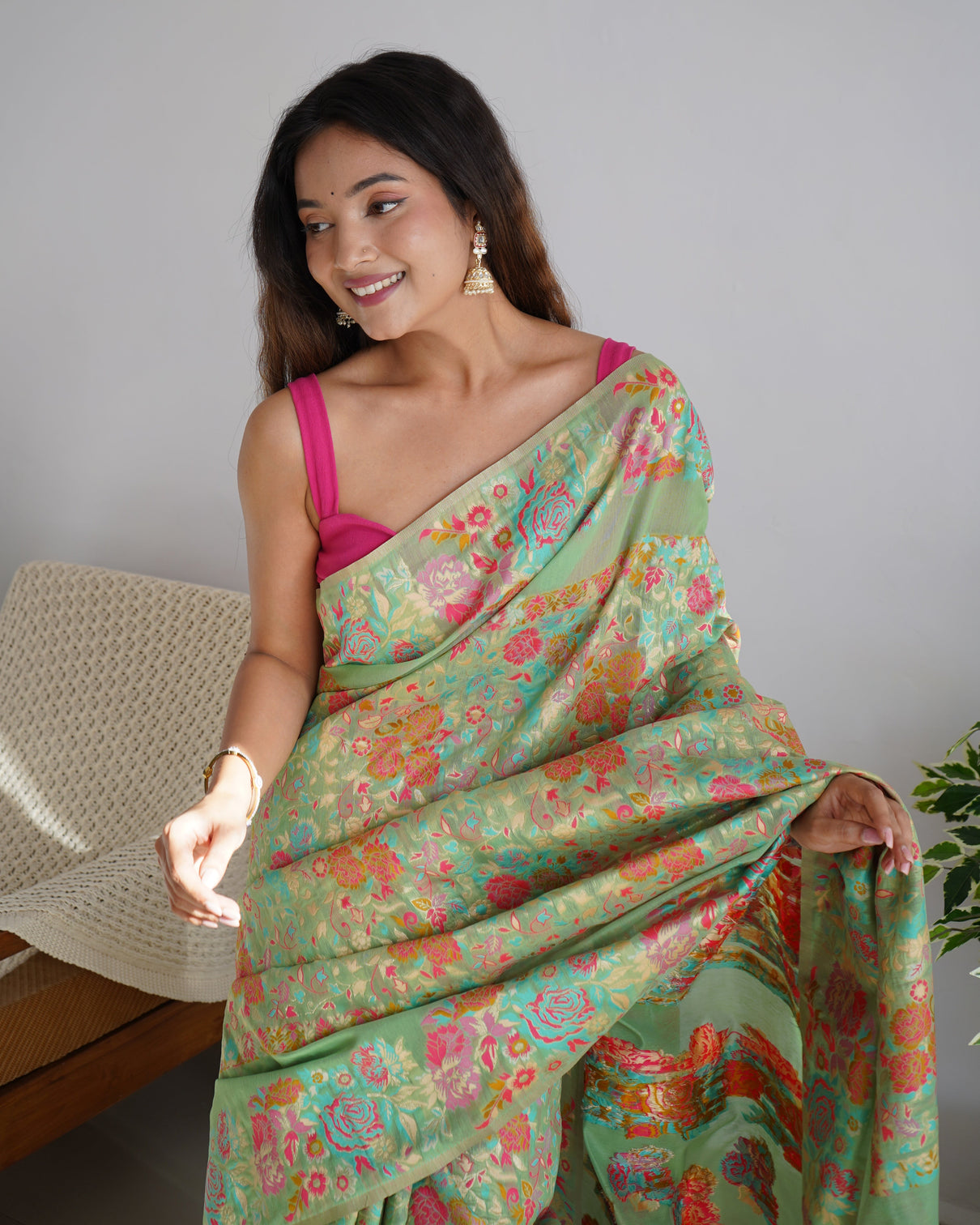 Kashmiri pashmina cotton kachhi work multi thrade saree mameraa