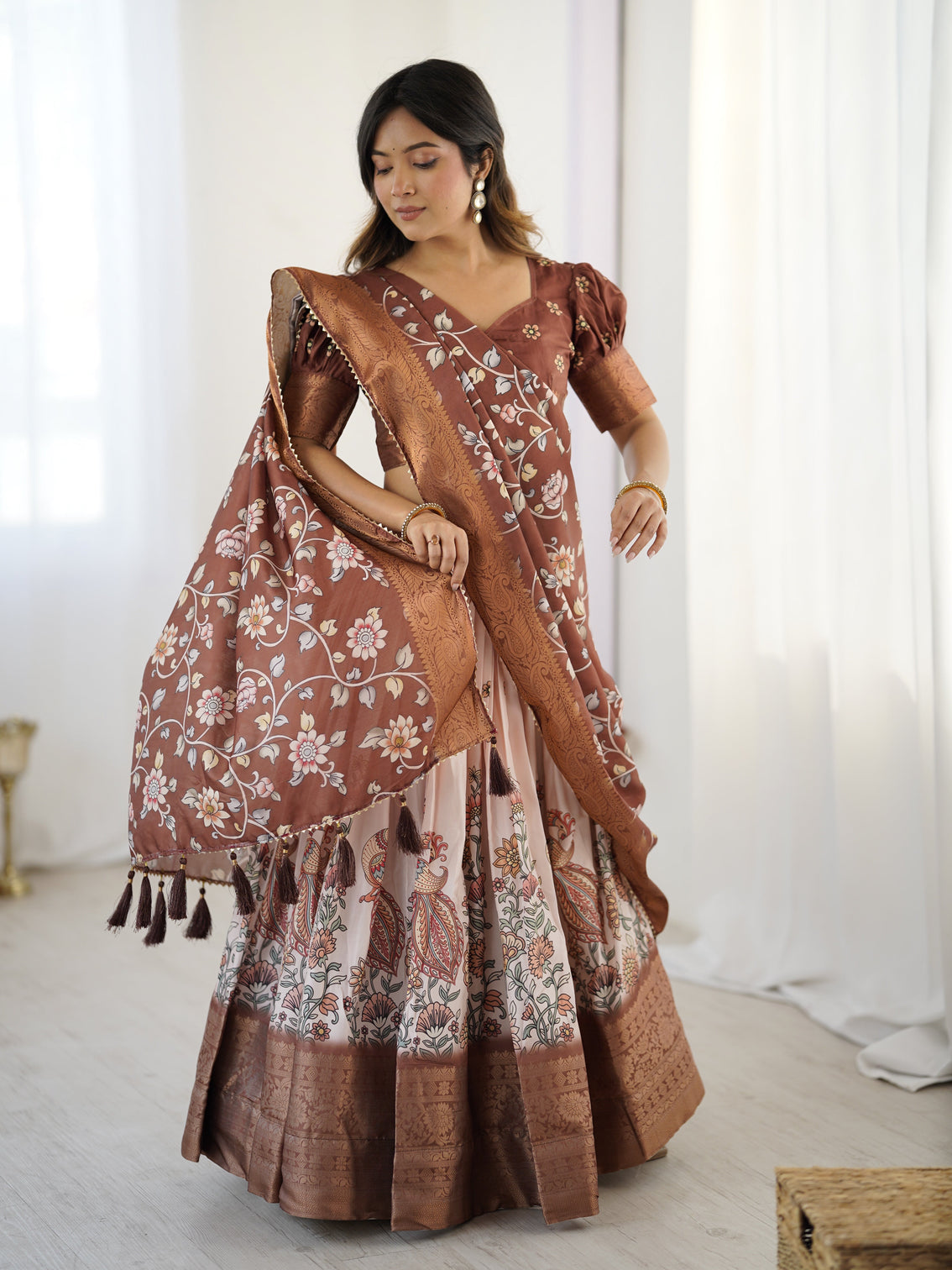 Peach copper brown kalamkari lehenga with elegant floral dupatta