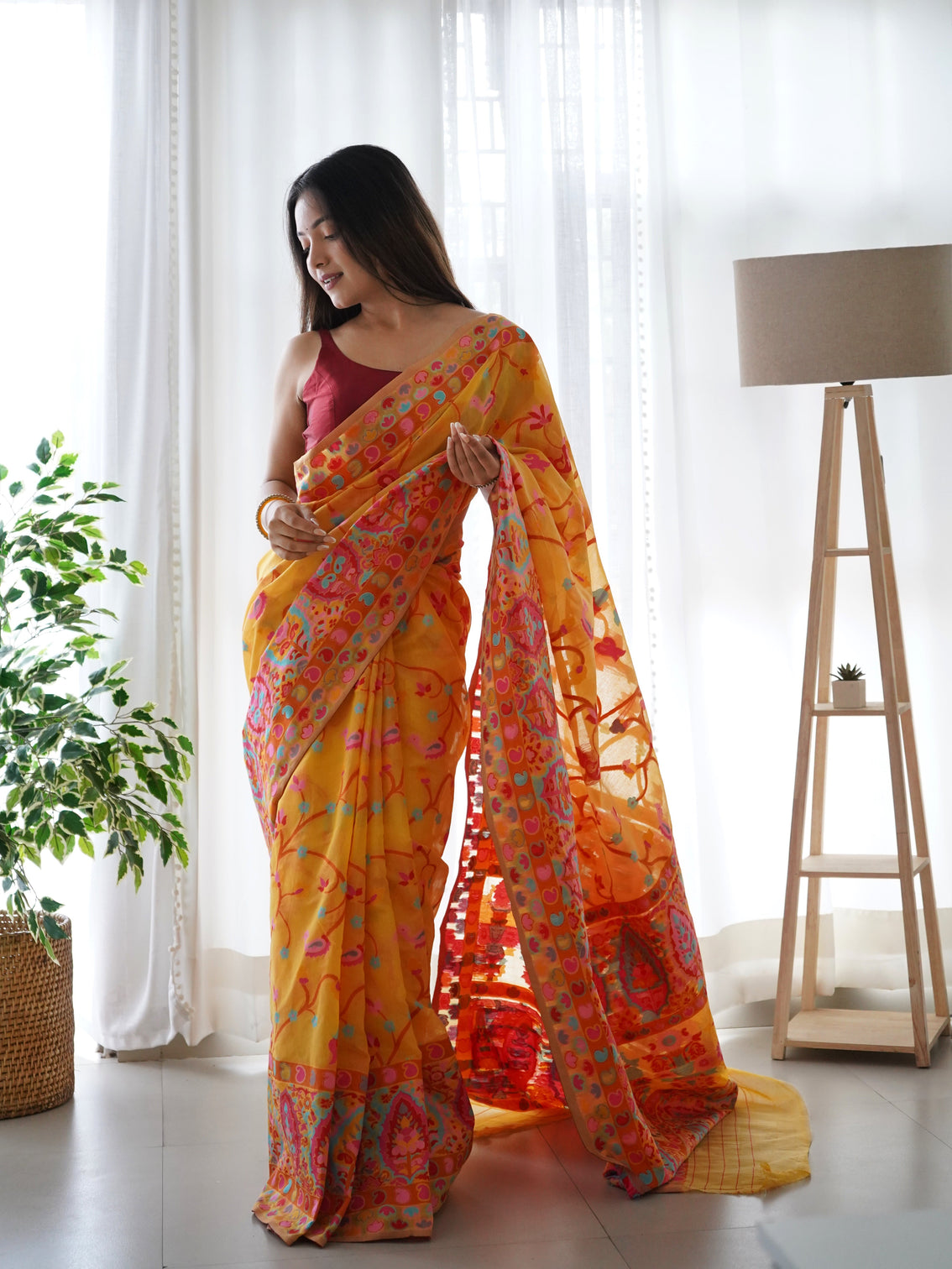 Kashmiri pashmina cotton kachhi work multi thrade saree