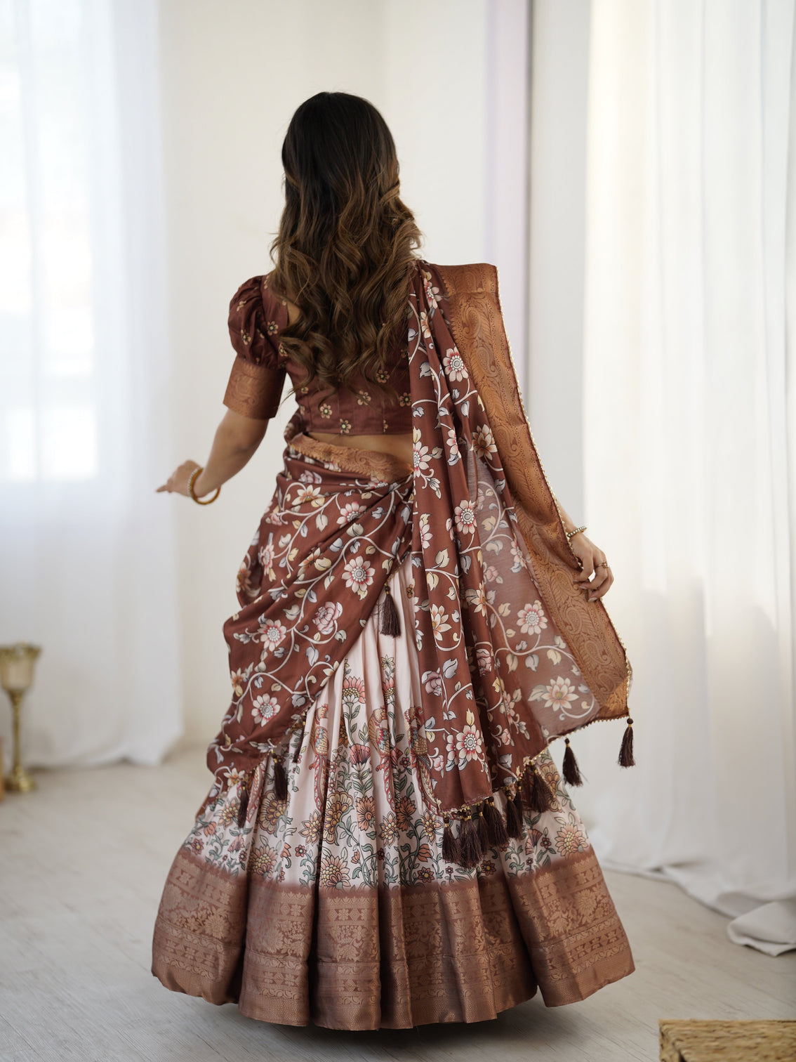 Peach copper brown kalamkari lehenga with elegant floral dupatta