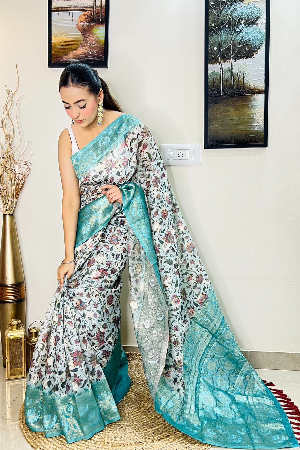 Powder Blue Saree in Banarasi Silk Floral Print