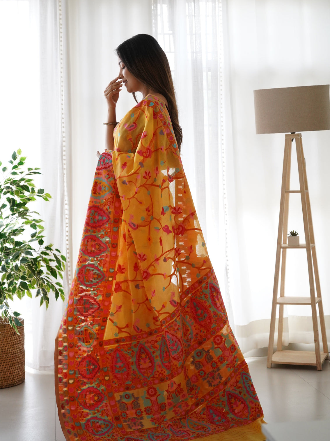 Kashmiri pashmina cotton kachhi work multi thrade saree