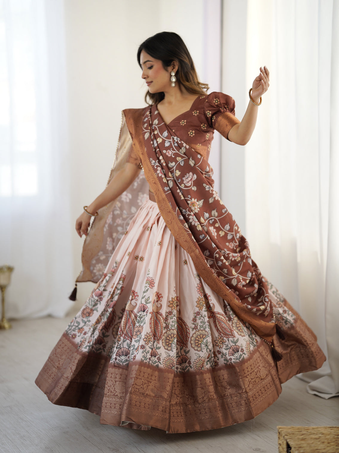 Peach copper brown kalamkari lehenga with elegant floral dupatta