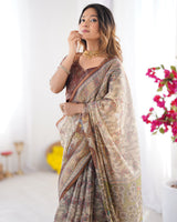 Beige & Brown Handloom Cotton Saree with Mythical Kalamkari Pallu and Elephant Motifs