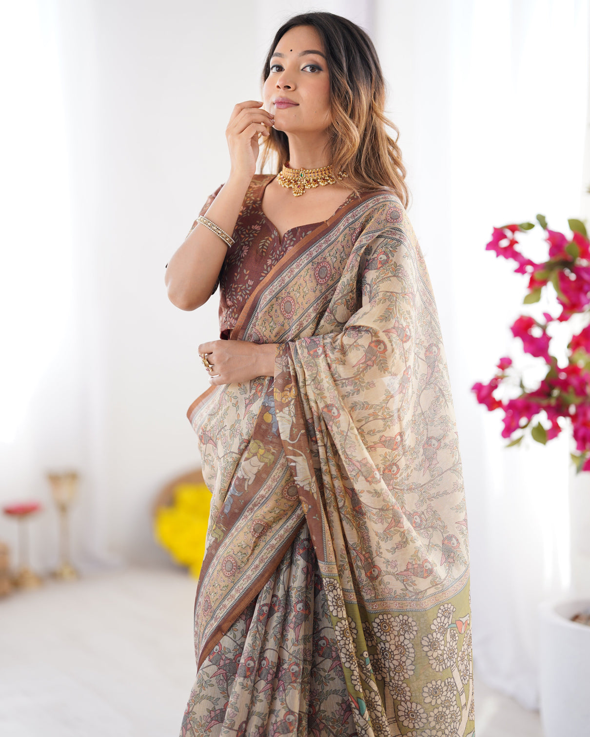 Beige brown handloom cotton saree with mythical kalamkari pallu and elephant motifs