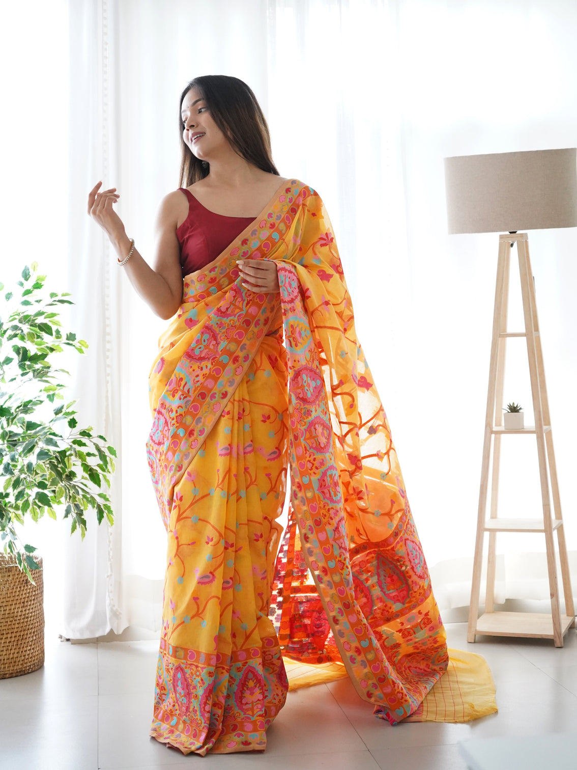 Kashmiri pashmina cotton kachhi work multi thrade saree