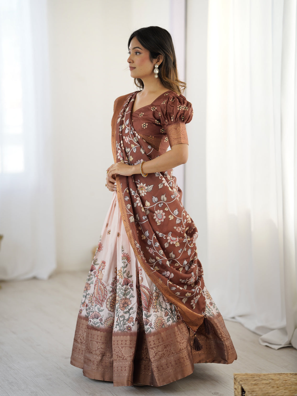 Peach copper brown kalamkari lehenga with elegant floral dupatta
