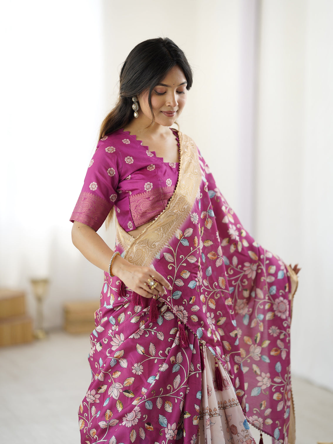 Elegant kalamkari lehenga in wine and peach with divine print and floral zari dupatta