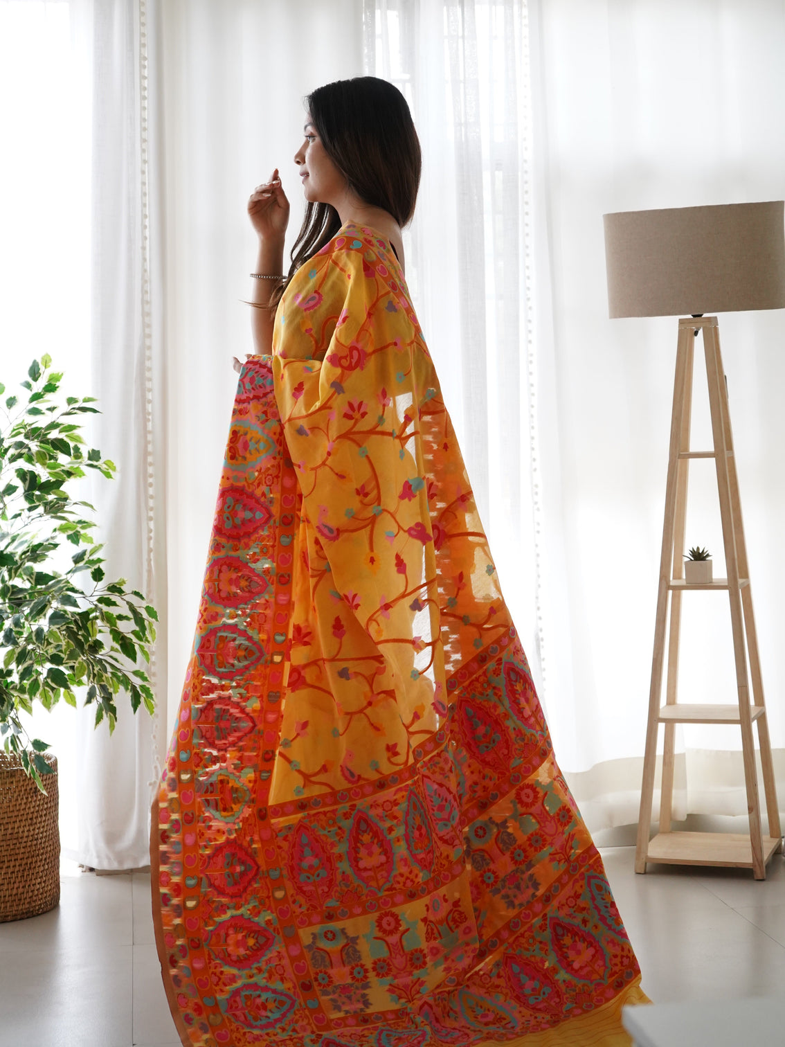 Kashmiri pashmina cotton kachhi work multi thrade saree