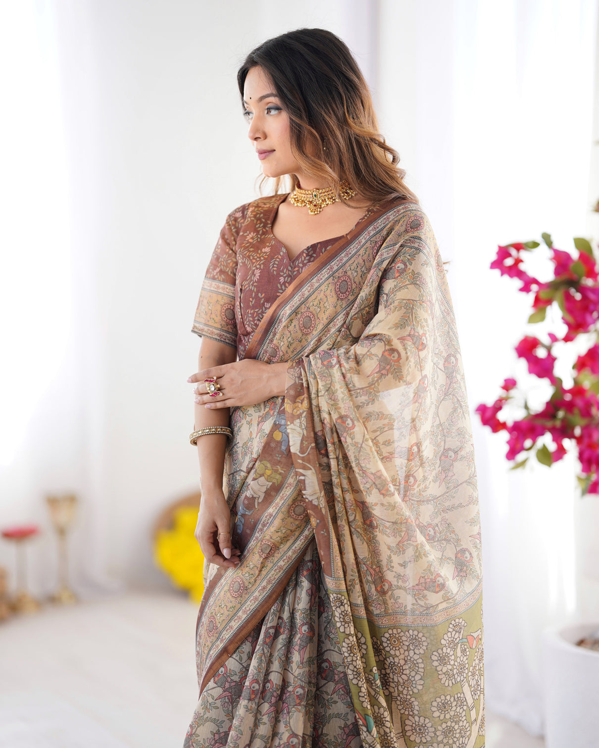 Beige brown handloom cotton saree with mythical kalamkari pallu and elephant motifs