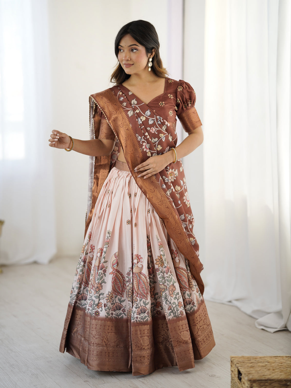 Peach copper brown kalamkari lehenga with elegant floral dupatta