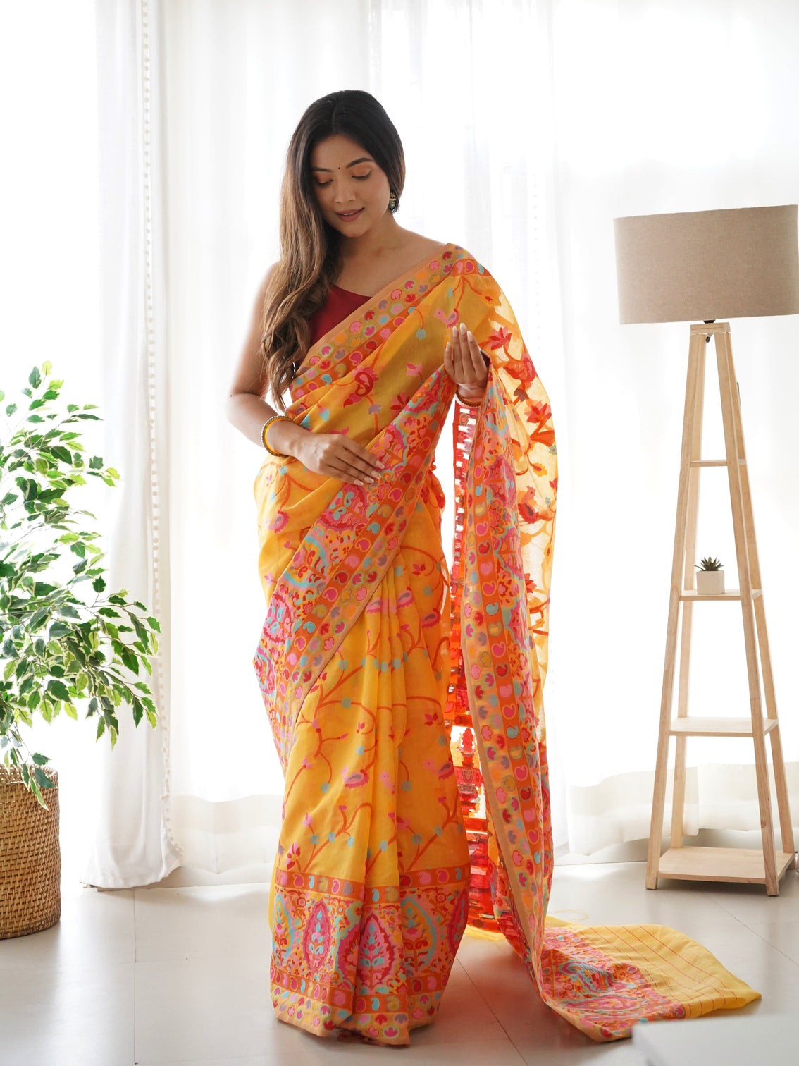 Kashmiri pashmina cotton kachhi work multi thrade saree mameraa