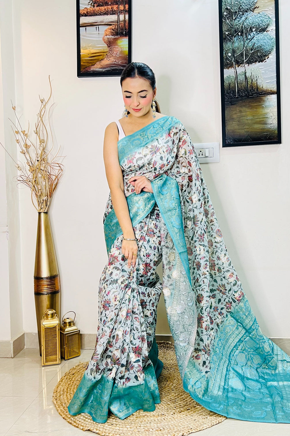 Powder Blue Saree in Banarasi Silk Floral Print