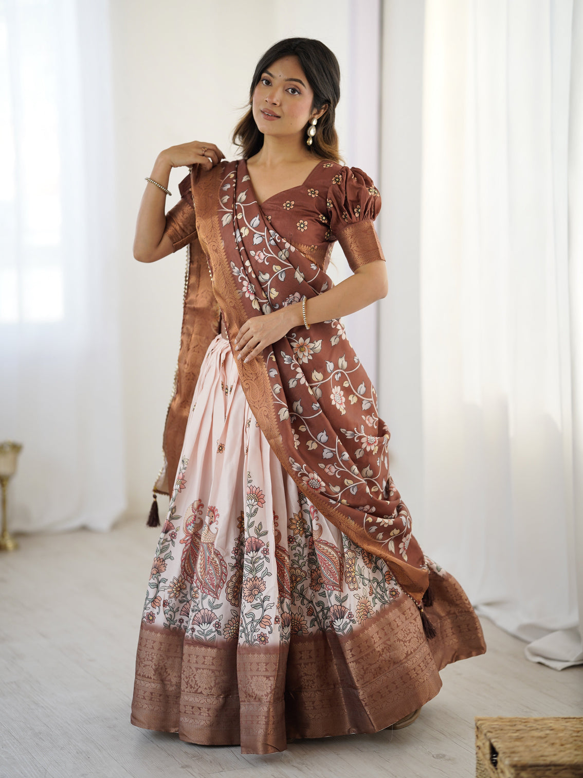 Peach copper brown kalamkari lehenga with elegant floral dupatta