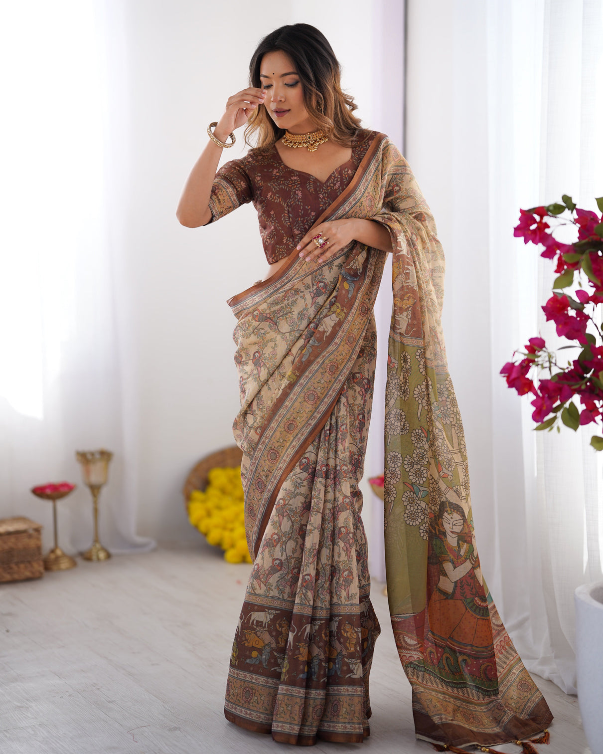 Beige brown handloom cotton saree with mythical kalamkari pallu and elephant motifs mameraa