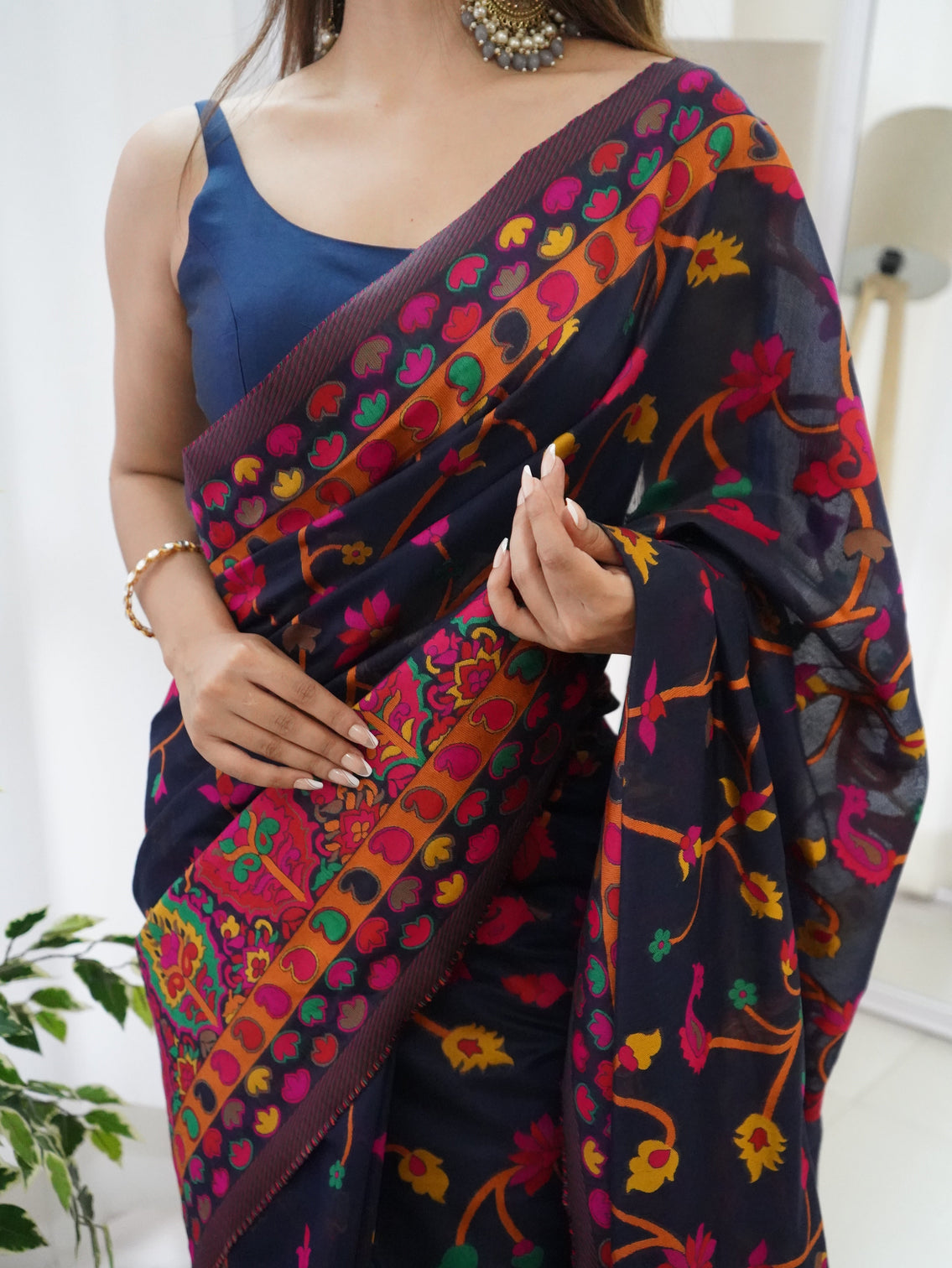 Kashmiri pashmina cotton kachhi work multi thrade saree