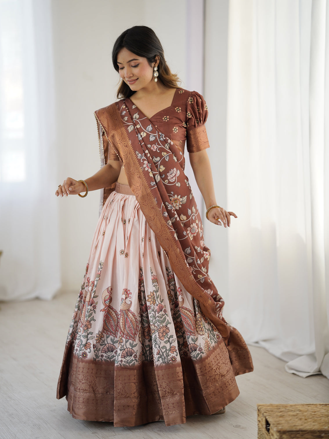 Peach copper brown kalamkari lehenga with elegant floral dupatta
